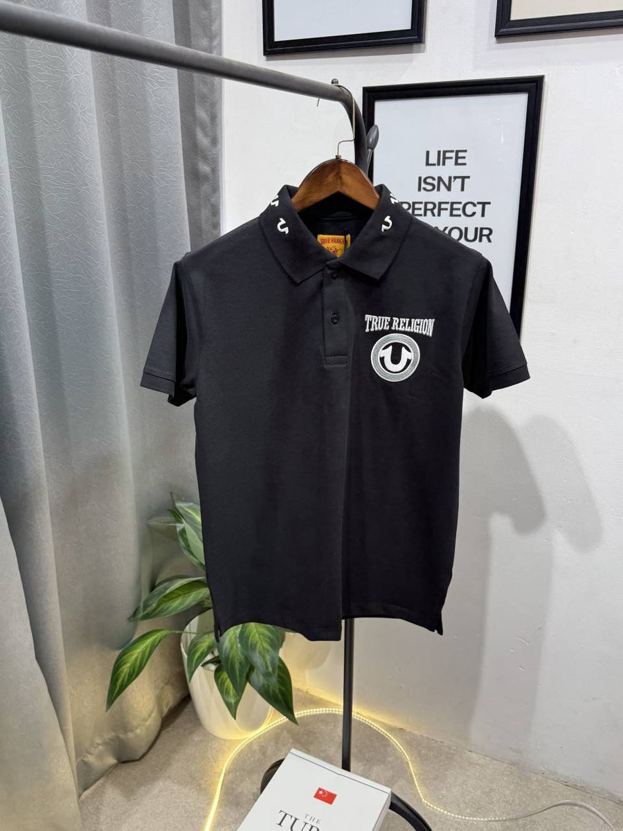 True religion embroidery logo imported polo tshirt black