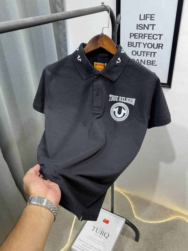 True religion embroidery logo imported polo tshirt black