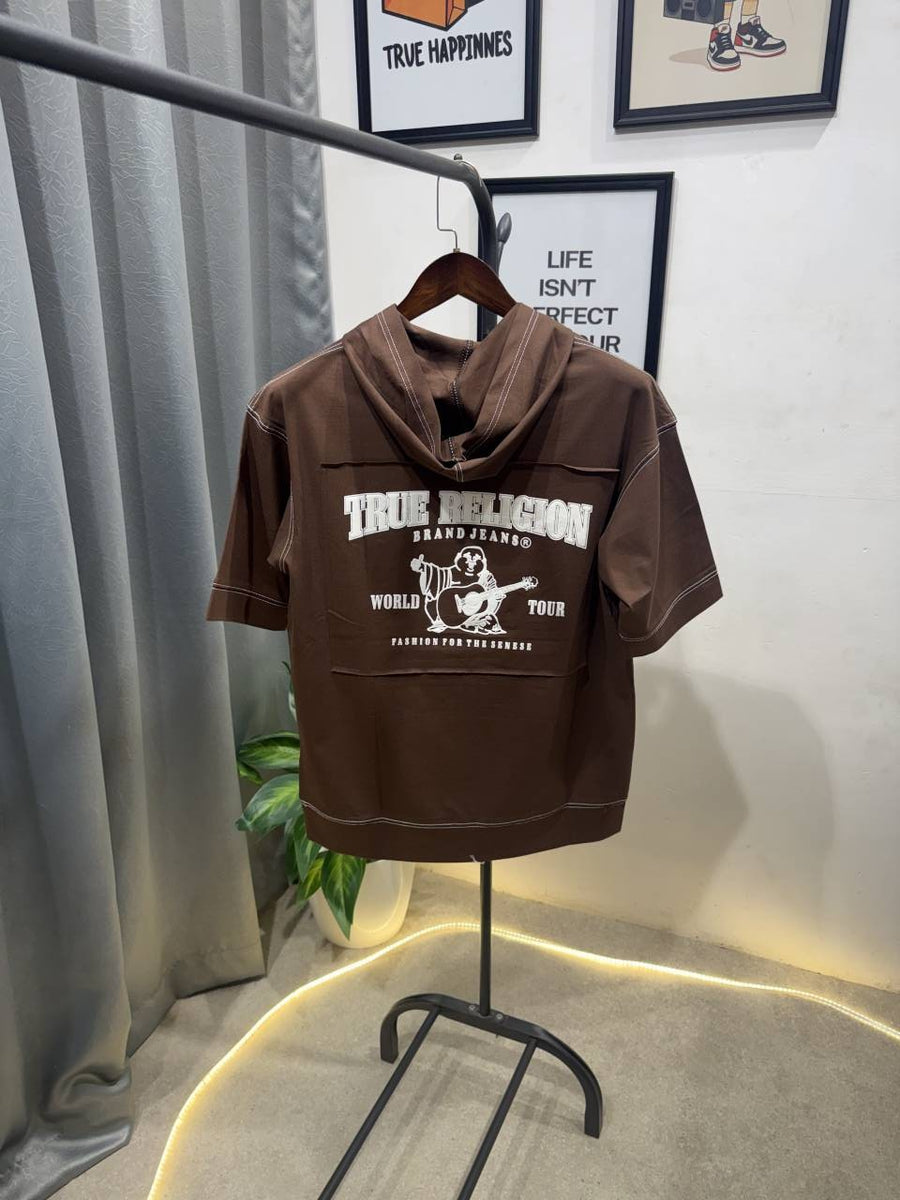 True religion drop shoulder hooded imported tshirt brown