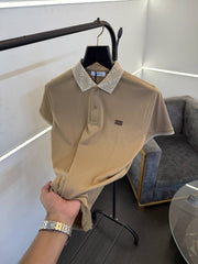 Versace beige imported polo tshirt with brand buttons and knitted collar with sleeves