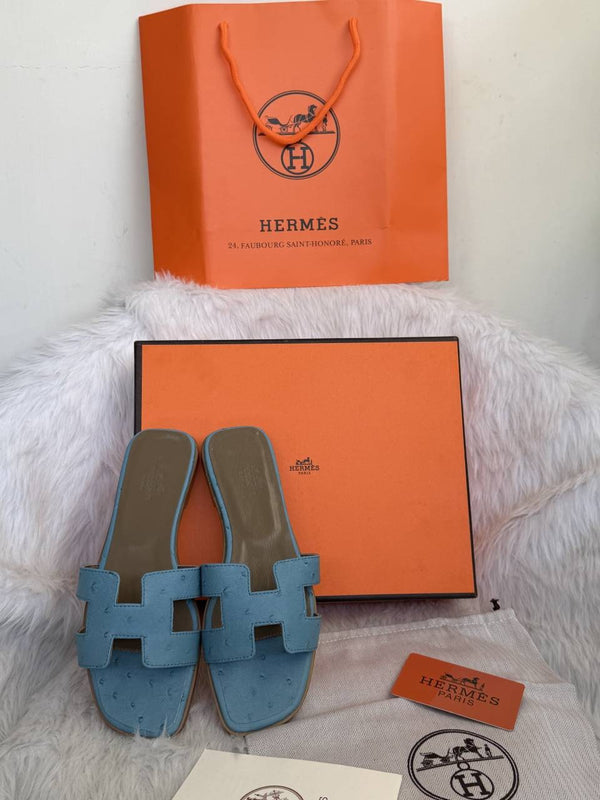 Hermezs oran Blue Slides With OriginalBox DustCover CarryBag Tags Highend