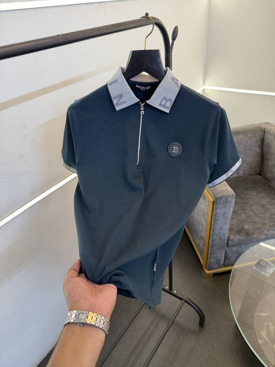 Balmain 3d collar and sleevs imported polo tshirt with steel logo c green