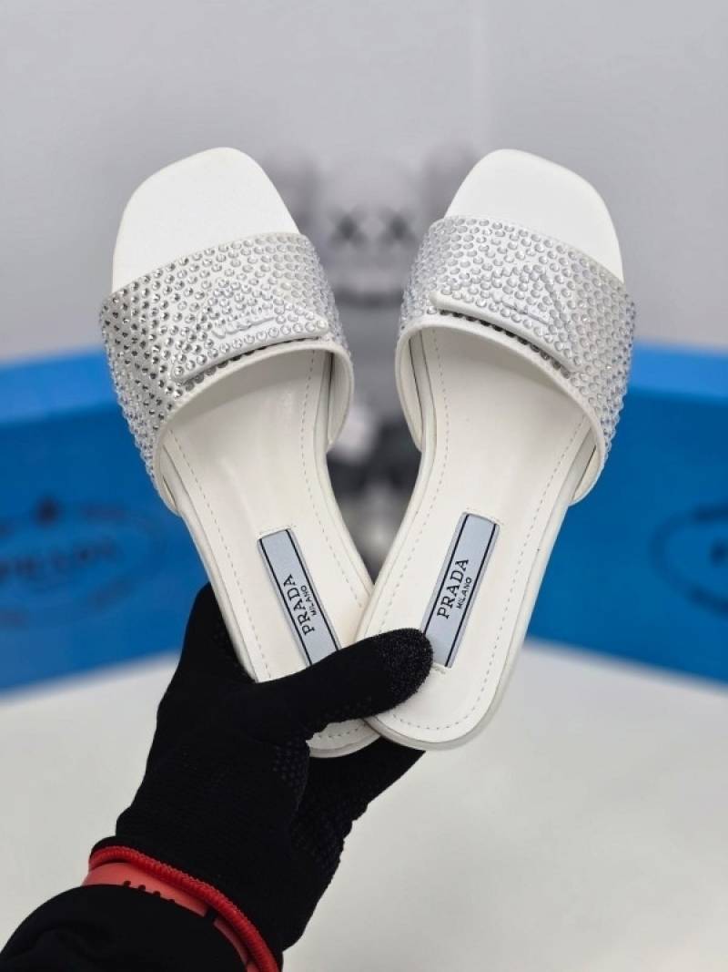 Prada Crystal Diamond Rhinestone Slides With OG Box & Dust Bag (White - 900)
