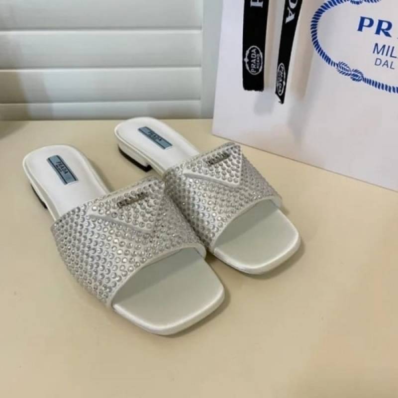 Prada Crystal Diamond Rhinestone Slides With OG Box & Dust Bag (White - 900)