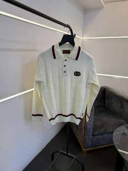 Gucci knitted imported sweatshirt with brand button and logo on chest cream