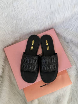 Miu Miu Raffia Effect On Sale Black Slides For Her With Original Box And Dustcover