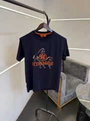 Hermes turkey imported patch printing imported round neck tshirt navy blue