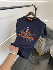 Hermes turkey imported patch printing imported round neck tshirt navy blue