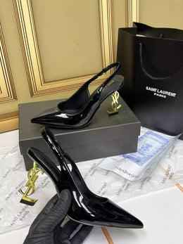 Ysl Saint Laurent Opyum Heel Black Gold Slingback Pumps 8679 Black Gold With OG Box Carry Bag