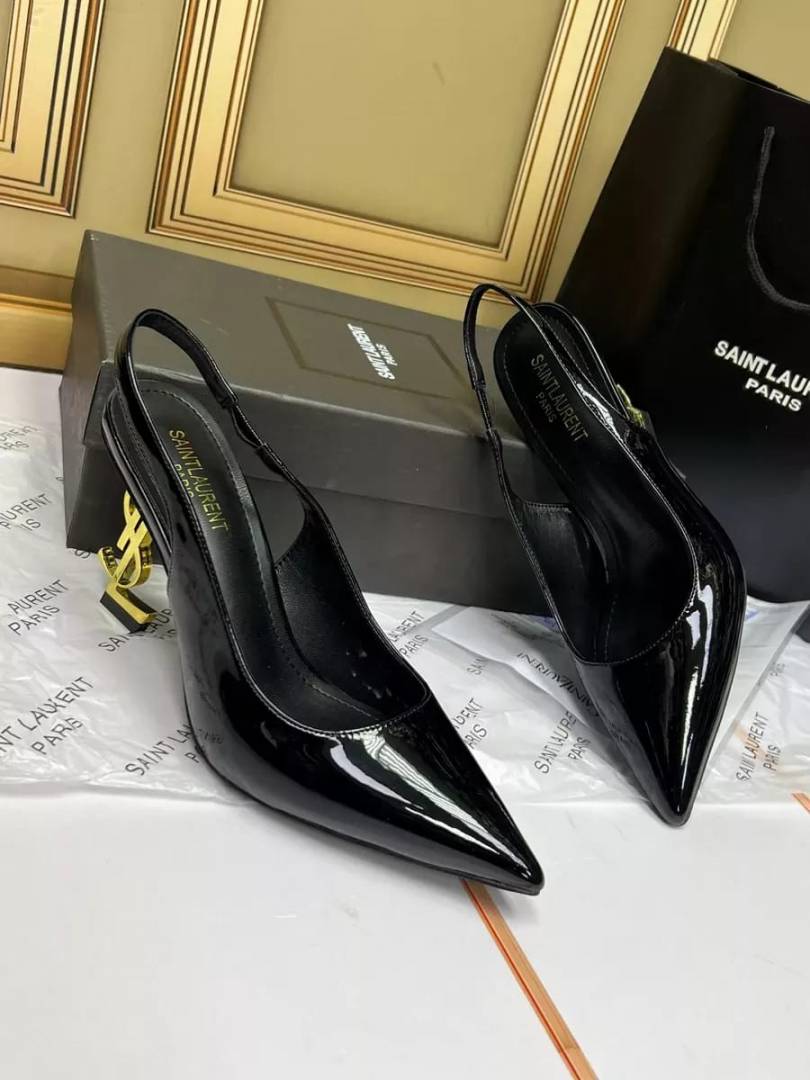 Ysl Saint Laurent Opyum Heel Black Gold Slingback Pumps 8679 Black Gold With OG Box Carry Bag