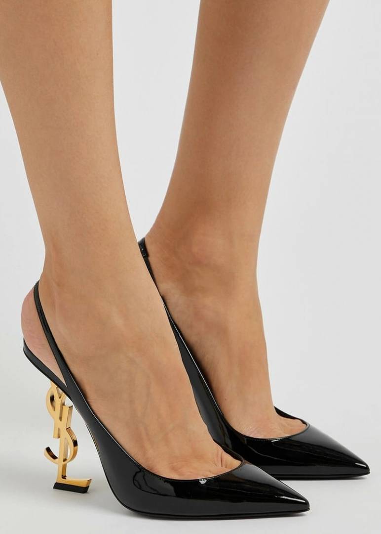 Ysl Saint Laurent Opyum Heel Black Gold Slingback Pumps 8679 Black Gold With OG Box Carry Bag