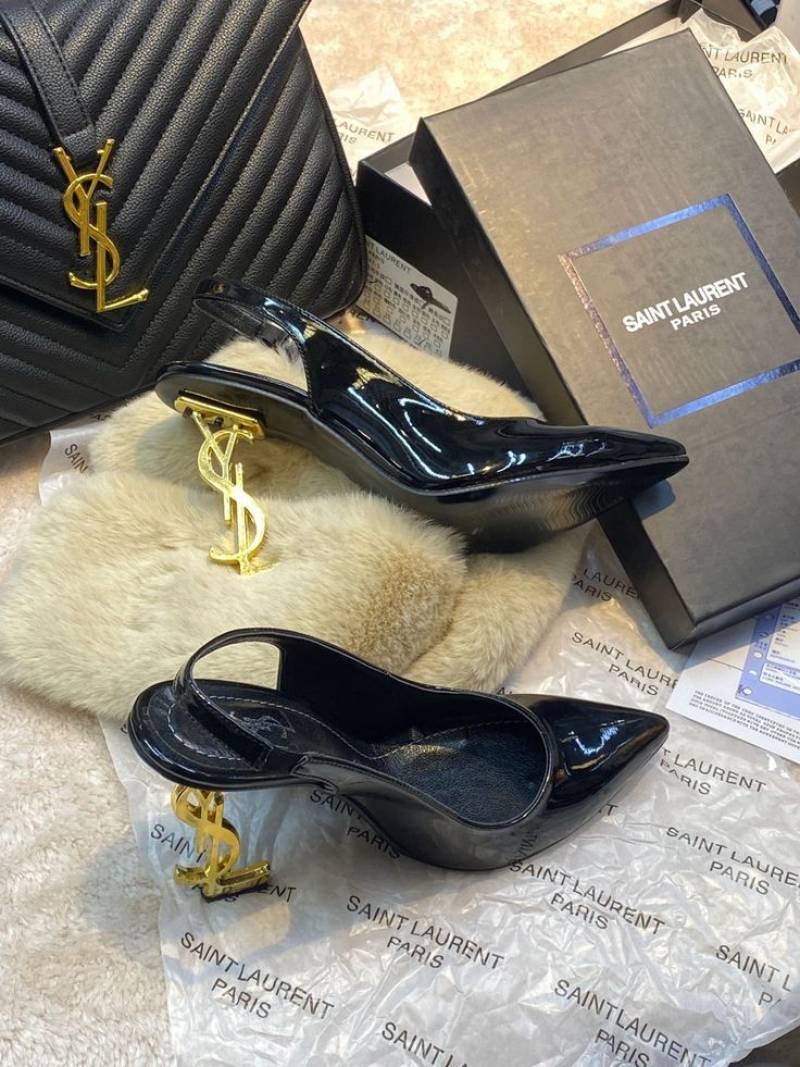 Ysl Saint Laurent Opyum Heel Black Gold Slingback Pumps 8679 Black Gold With OG Box Carry Bag