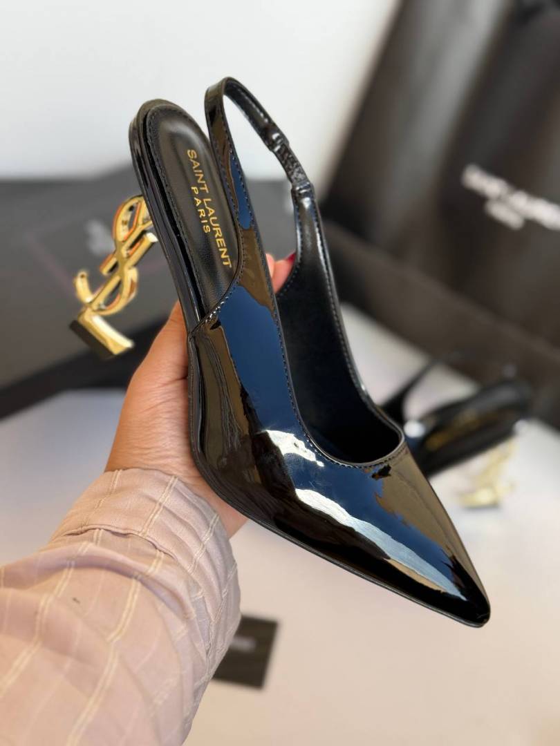 Ysl Saint Laurent Opyum Heel Black Gold Slingback Pumps 8679 Black Gold With OG Box Carry Bag