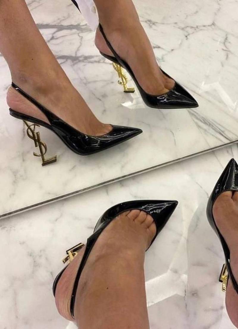 Ysl Saint Laurent Opyum Heel Black Gold Slingback Pumps 8679 Black Gold With OG Box Carry Bag