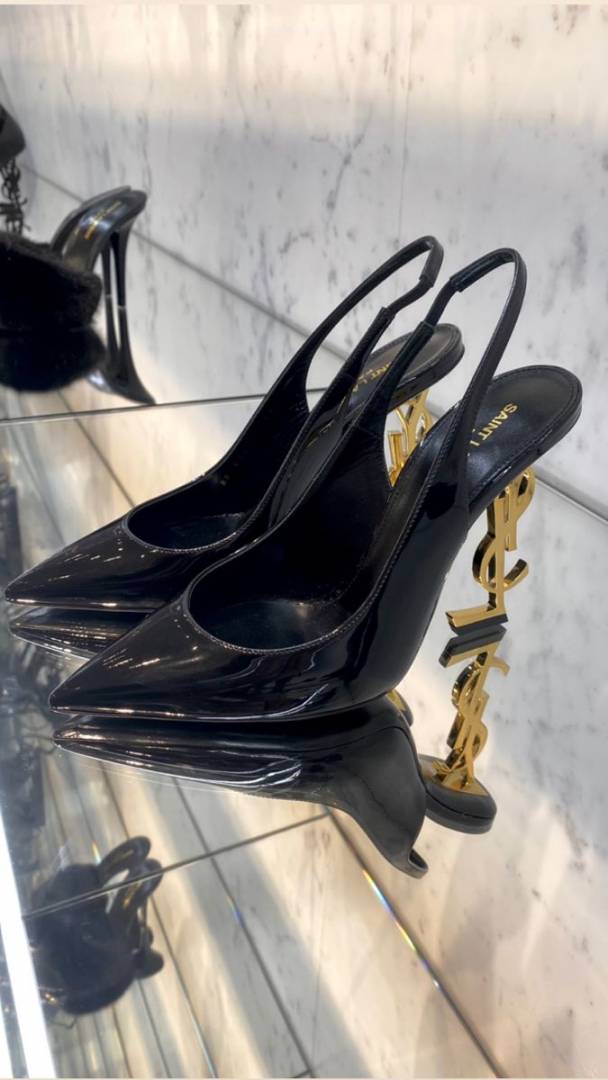 Ysl Saint Laurent Opyum Heel Black Gold Slingback Pumps 8679 Black Gold With OG Box Carry Bag