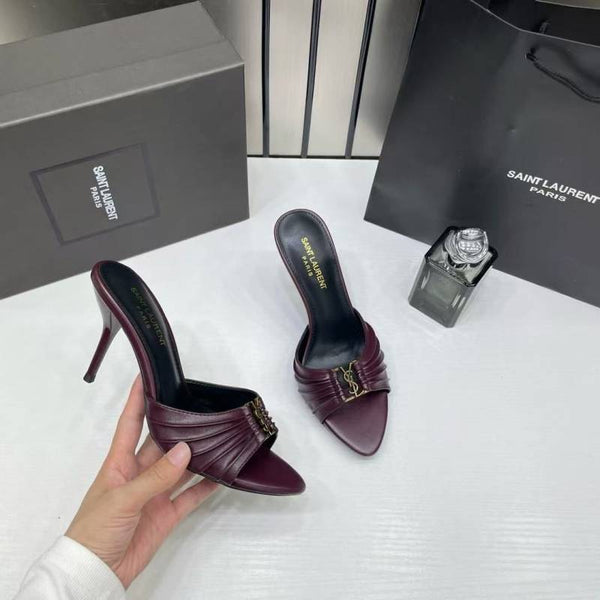 Ysl Saint Laurent Babylone Wine. Stiletto Mules Gold-tone Cassandre logo Detail With OG Box & Carry Bag A1 Wine