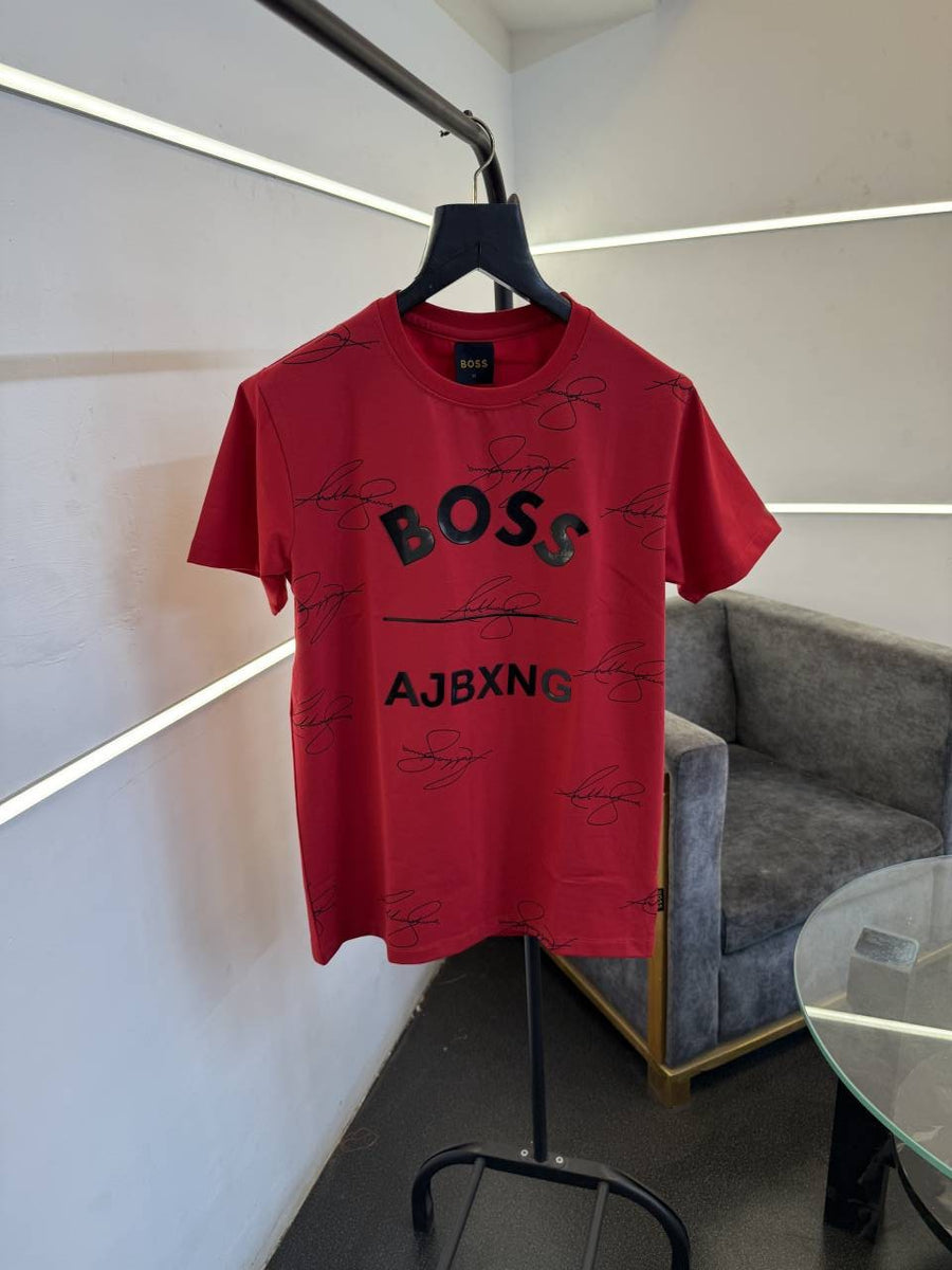 Hugo bos signature allover print imported round neck tshirt black sale
