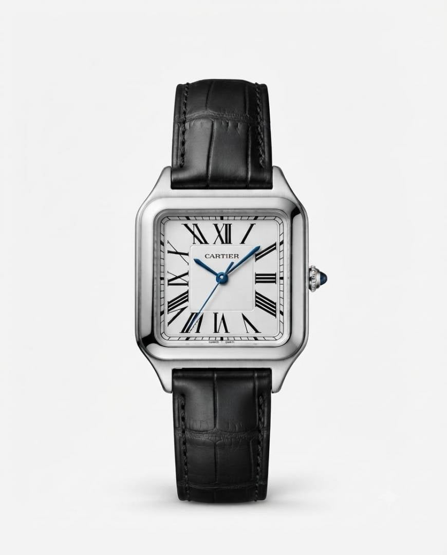 Cartier Santos Dumont Square Black Silver White Dial