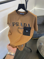 Prada turkey imported front pocket and print imported round neck tshirt brown sale