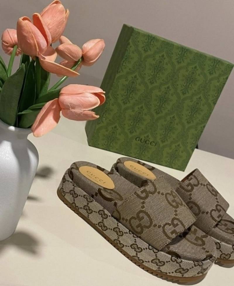 Gucci GG Marmont Platform Slide Sandal With OG Box & Carry Bag (Brown - 783)