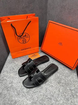 Hermes Paris Oran Flats For Her With OG Box & Carry Bag Black Slide H38 Black