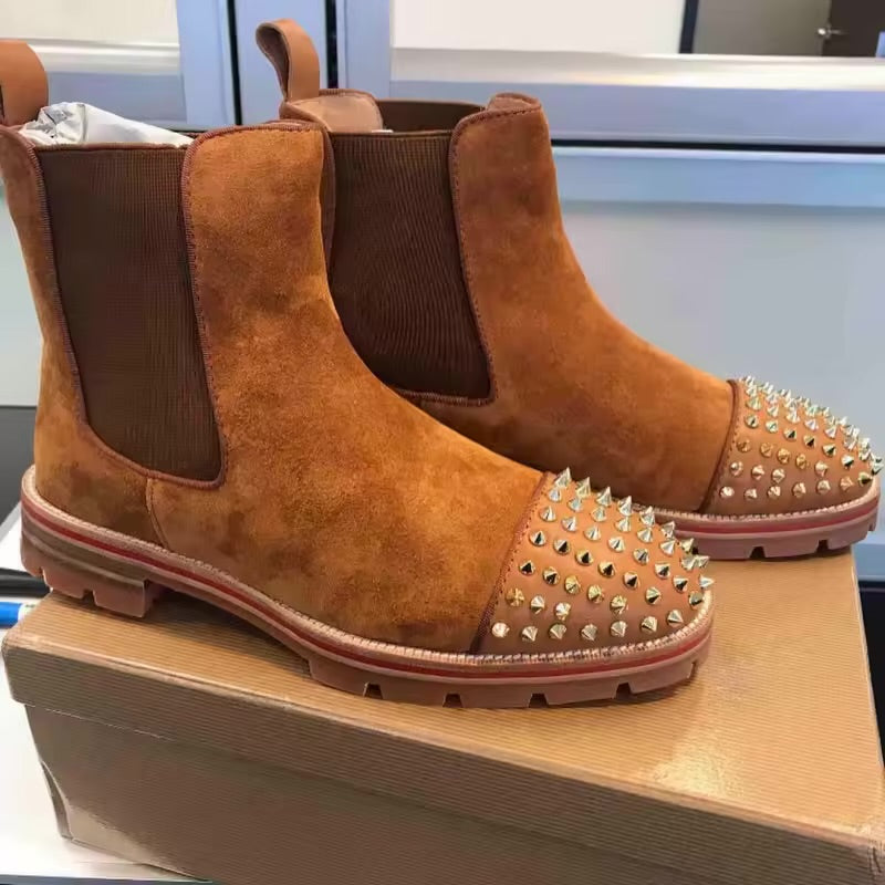 Christian Loubotin Spikes Suede Chelsea Boots Tan Premium
