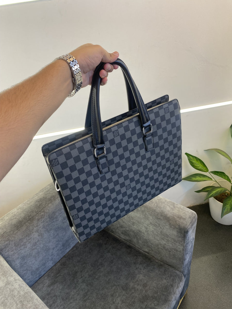 Louis Vuitton monogram laptop bag with single zip and inside three pockets black grey