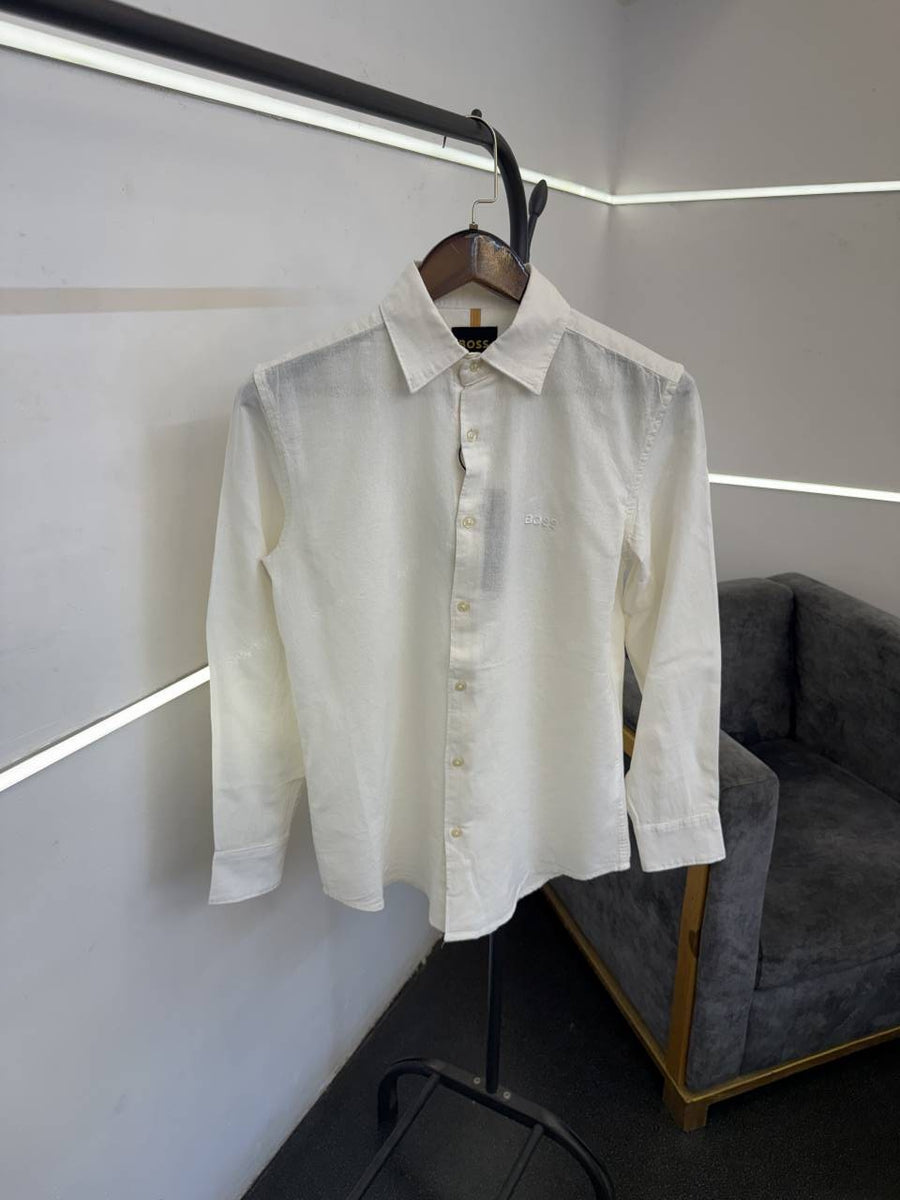 Hugo bos white imported linen fabric shirt with embroidery logo