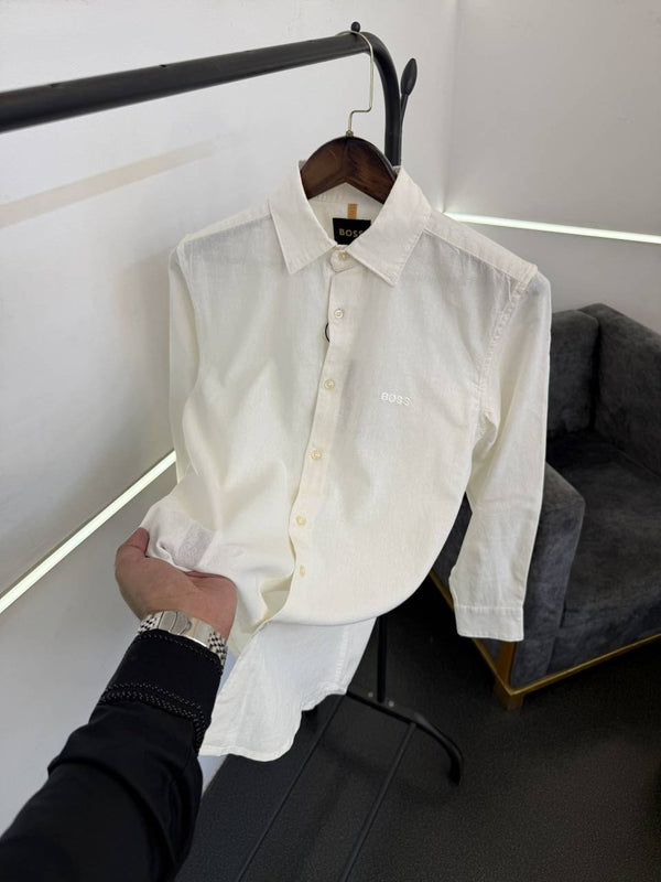 Hugo bos white imported linen fabric shirt with embroidery logo