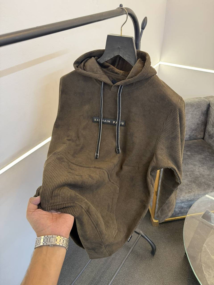 Balmain brown imported washing cloud look knitted fabric hoodie