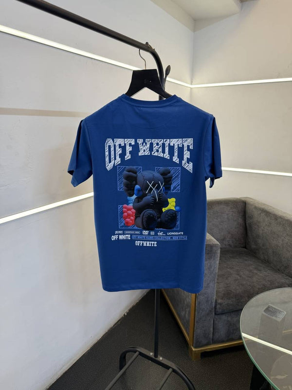 Of white Imported round neck tshirt with front and back print Blue