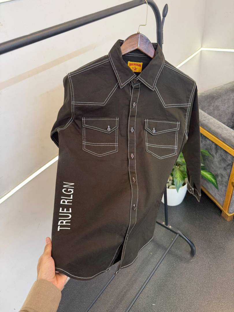 True religion bottle green imported cargo double pocket shirt