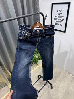True religion boot cut dark blue imported denim with brand buttons