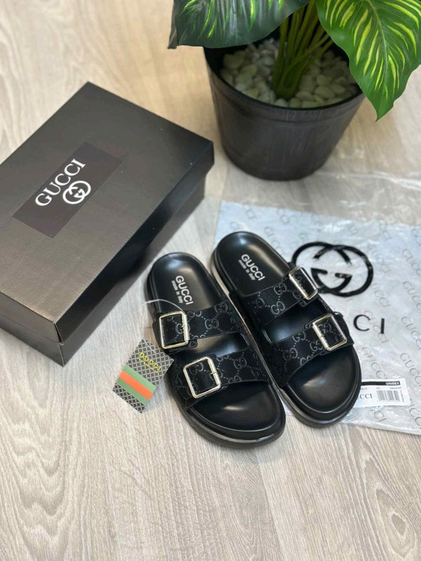 Gucci GG Monogram Adjust Double Strap Black Sandal