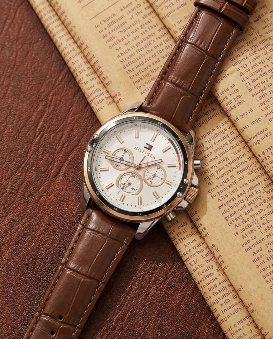 Tommy Hilfige_r Oxford Chronograph leather belt Brown-Copper-White