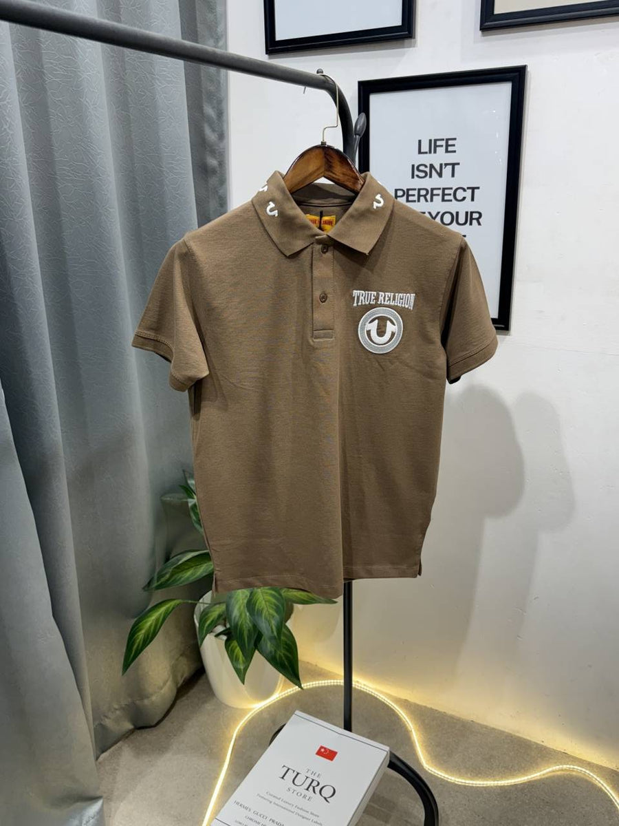 True religion embroidery logo imported polo tshirt brown