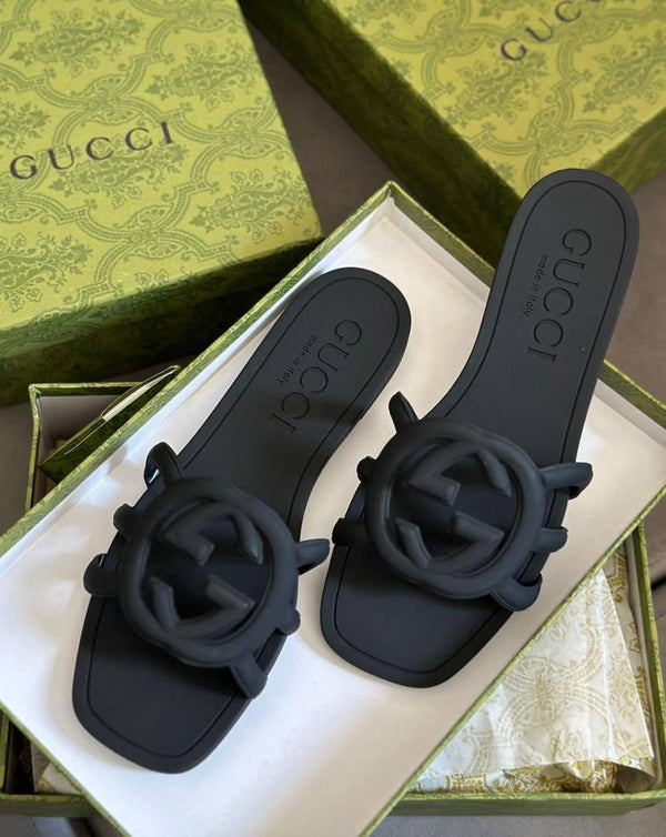 Gucci Interlocking G Slides Black With Original Box CarryBag 1892 Black