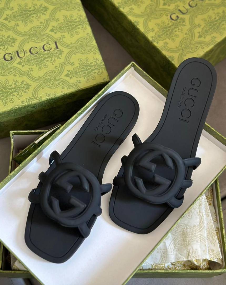 Gucci Interlocking G Slides Black With Original Box CarryBag 1892 Black