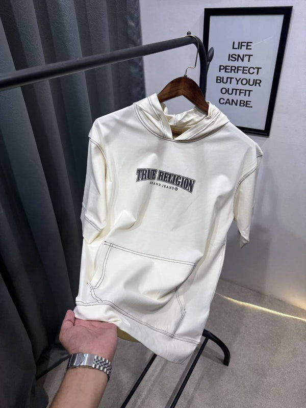 True religion drop shoulder hooded imported tshirt cream