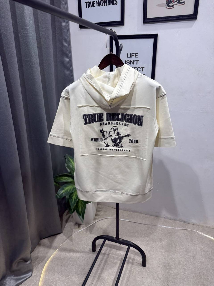 True religion drop shoulder hooded imported tshirt cream