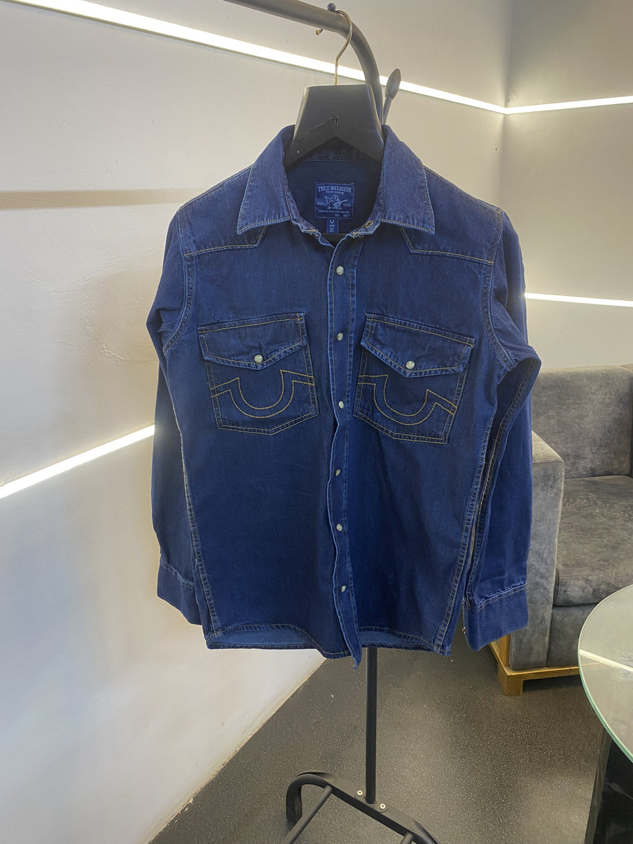 03 True religion snap button denim shirt dark blue sale