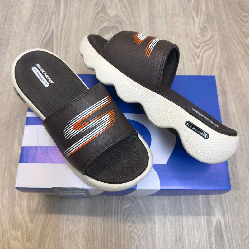 Skechers Massage Fit Footbed Brown Cream Slides