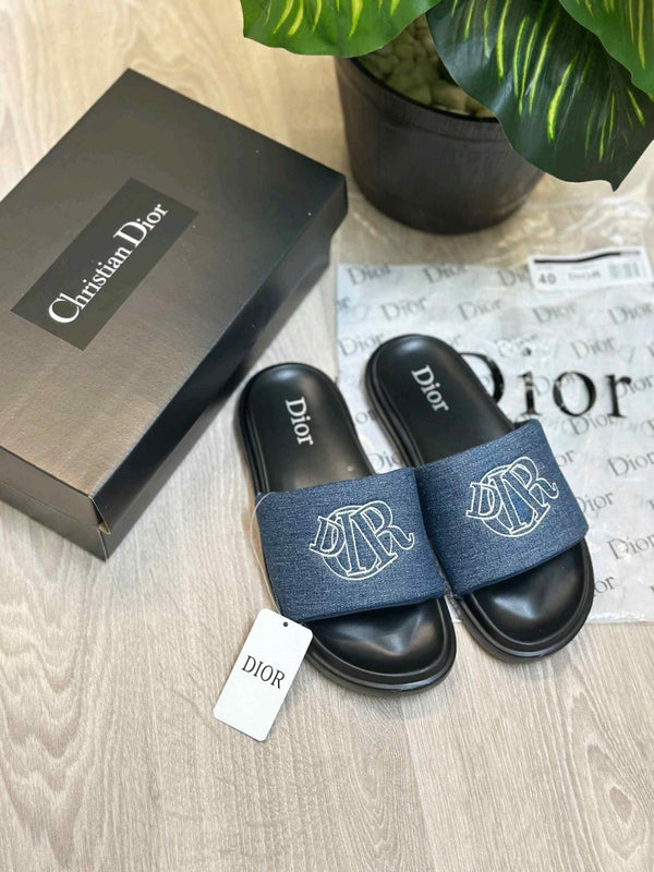 Christian Diyor Circular Embroidered Logo Premium Blue Black Slides
