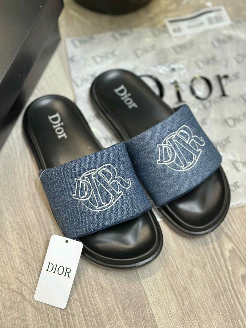 Christian Diyor Circular Embroidered Logo Premium Blue Black Slides