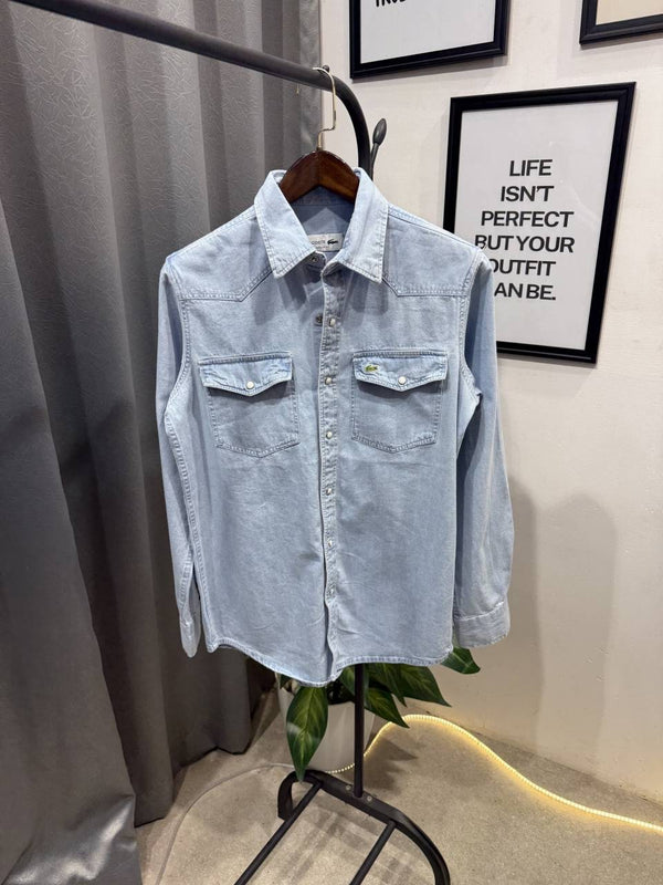 Lacoste imported denim shirt with dual pocket and back laser print sky