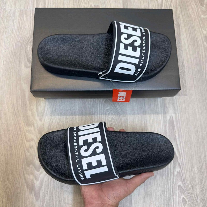 Diesel Mayemi Logo Embossed Black White Slides