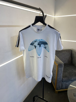 Adidas round neck imported tshirt world map print in front and three strips on shoulder