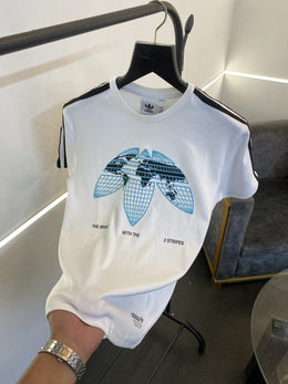 Adidas round neck imported tshirt world map print in front and three strips on shoulder