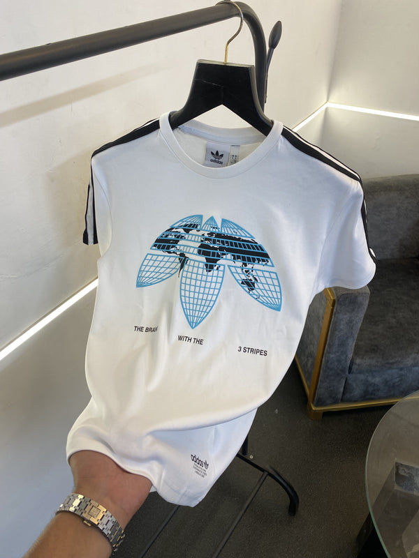 Adidas round neck imported tshirt world map print in front and three strips on shoulder