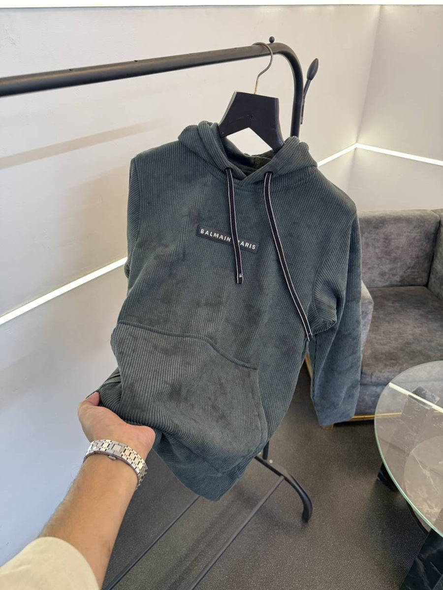 Balmain green imported washing cloud look knitted fabric hoodie